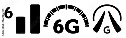 High-speed connectivity bars set with solid black icon on white background featuring 6G bars, line art, connectivity icon with technology and mobile