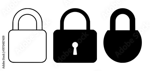 Data encryption lock icon set with solid black silhouette on white background featuring lock, encryption, security with line art and vector