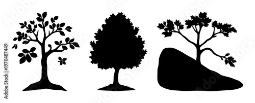 Reforestation tree sapling icon set with solid black icon on white background, simple line art illustration featuring reforestation, sapling, tree with vector, design