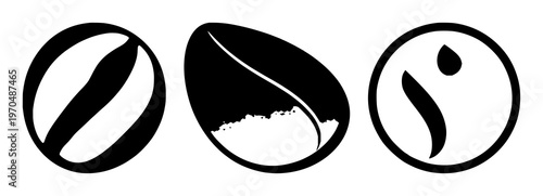 Fair trade coffee bean icon set with solid black silhouette on white background featuring icon, coffee bean, fair trade symbol with minimal line art and flat color