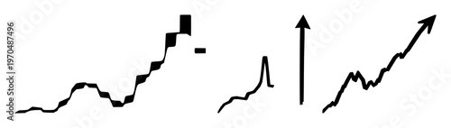Stock candlestick chart icon set with upward trend silhouette against white backdrop featuring finance, trading, markets with line art and minimalist design