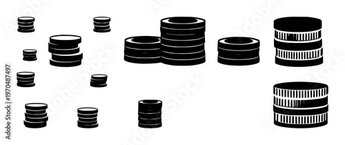 Digital coins set with stacked solid black icons on white background featuring cryptocurrency, coin illustration, digital currency with vector and minimalism