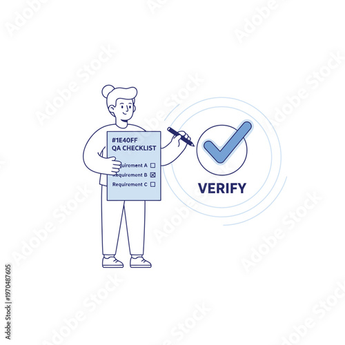 Person holding a checklist and a pen with a verify symbol.