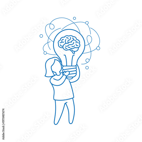 Person Holding Giant Light Bulb With Brain Inside Symbolizing Idea Generation.