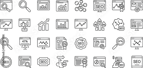 SEO and digital marketing analytics line icon set featuring search optimization charts data reports ranking and web strategy symbols