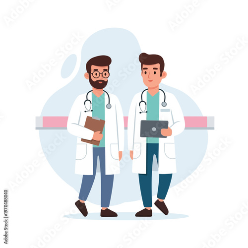 Two male doctors in lab coats with stethoscopes walking together.