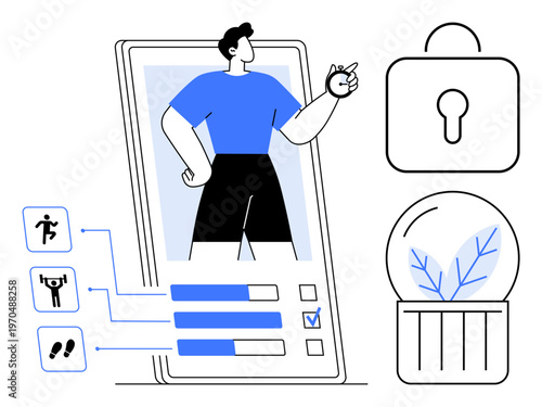 Fitness apps, data protection, health monitoring, privacy, eco-friendly tech, wellness. Mobile phone with fitness tracker, individual secure lock and eco icon. Fitness apps and data protection