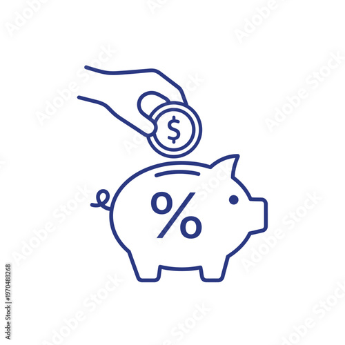 Piggy Bank With Percentage Symbol and Hand Inserting Coin.