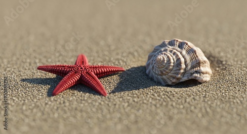 Red Starfish and Seashell on Sandy Beach