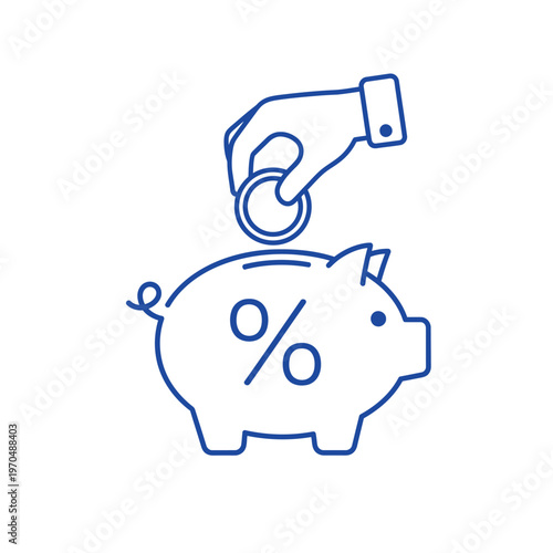 Piggy Bank with Percentage Symbol and Hand Inserting Coin.