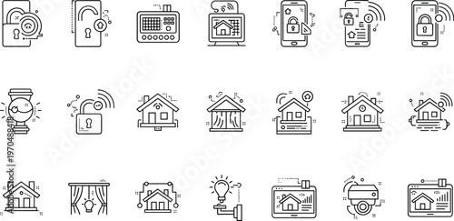 Smart home security and automation line icon set featuring house monitoring locks surveillance sensors and connected devices symbols