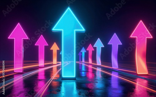 Vibrant neon arrows glow on wet road guiding forward progress in a