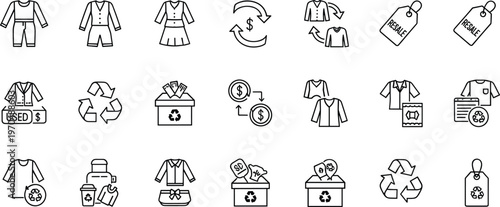 Sustainable fashion and clothing recycling line icon set featuring eco apparel reuse donation circular economy and textile waste symbols