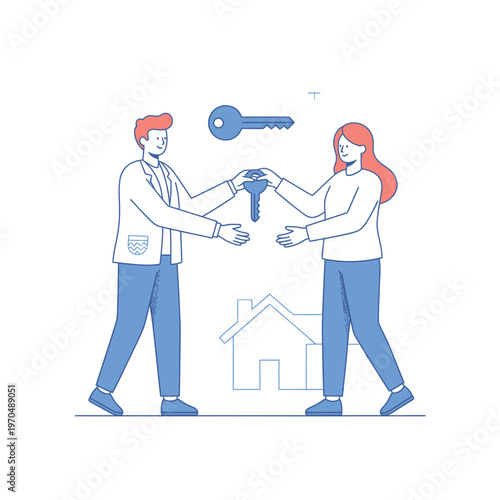 Real Estate Agent Handing Over House Keys to New Homeowner.