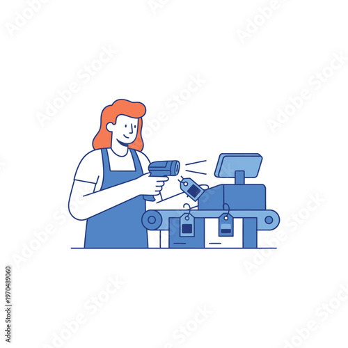 Retail worker scanning product tag at checkout counter.