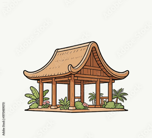 Traditional Asian wooden pavilion with thatched roof and tropical garden plants