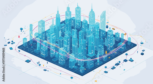 A meticulous isometric rendering of a futuristic city showcases glowing blue skyscrapers and pink orbital pathways situated on a dark technological base.