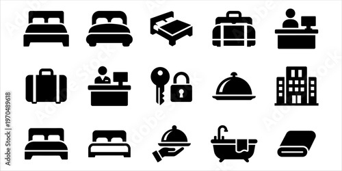 Hotel service icon set with bed, room, concierge, luggage, and key symbols, clean flat design perfect for hospitality, tourism, and UI use.