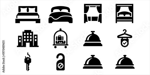 Hotel and hospitality icon set including bed, room service, luggage, building, and key symbols, perfect for travel, booking, and service design.