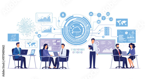 A group of professional office workers collaborate at their desks while a massive central cloud computing icon and global data network float behind them.