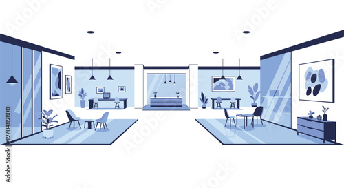 An expansive open office lobby features a central reception desk alongside multiple seating areas with chairs and large framed abstract art pieces.