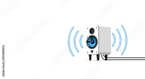 A modern white speaker mounted on small black stands emits vibrant blue sound waves from its central driver into the surrounding white atmosphere.