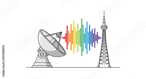A large grey satellite dish and a slender transmission tower are connected by a vibrant rainbow-colored audio frequency spectrum on a white background.
