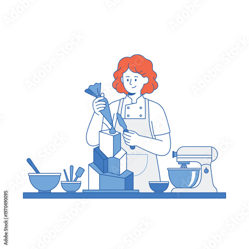 Skilled baker decorating a multi-tiered cake with precision.