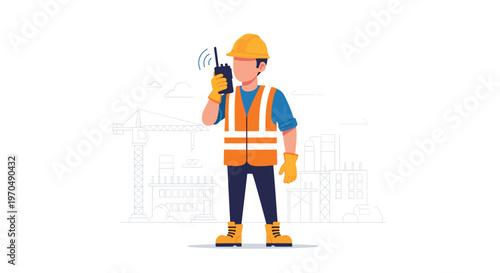 A full-length illustration depicts a construction worker in an orange safety vest and yellow helmet holding a radio transmitter amidst a faint city site.