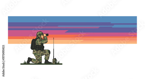 A soldier dressed in green camouflage uniform kneels on a grassy field while looking through binoculars against a colorful purple and orange sunset sky.