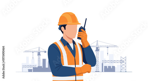 A professional construction worker wearing a bright orange safety vest and yellow hard hat communicates via a handheld radio against a city skyline backdrop.