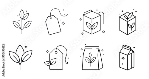 Morning tea and tea bag line icons set featuring organic leaf tea bag milk carton tea packet and green tea and more vector illustration with editable stroke.