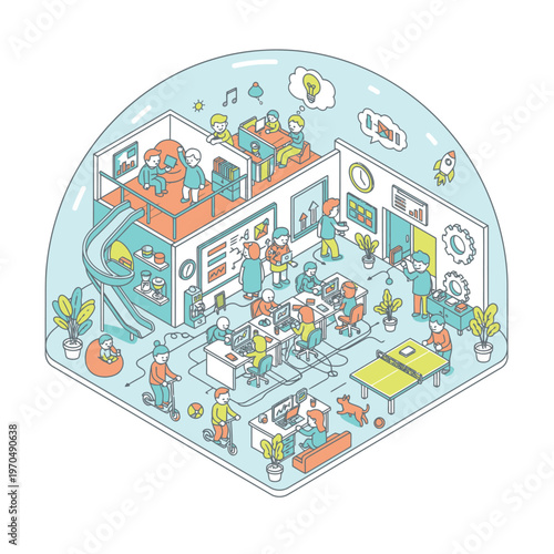 Vibrant Isometric Office Space with Diverse Activities.