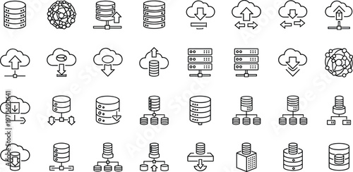 Cloud computing and database storage line icons set with server network backup upload download data technology concepts