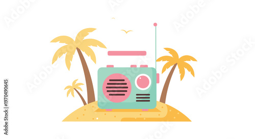 A stylized mint green and pink radio occupies a small golden desert island featuring two yellow palm trees and distant birds in flight overhead.