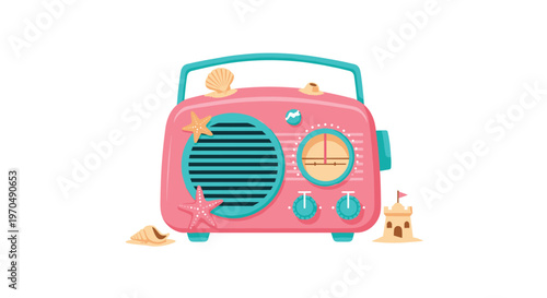 A charming pink and teal retro radio adorned with vibrant orange starfish and seashells sits beside a tiny tan sandcastle on a white background.