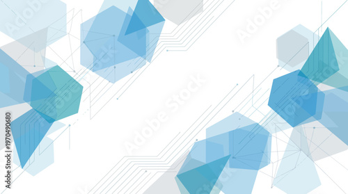 Abstract blue geometric shapes with overlapping polygons on a light background.