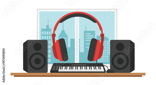 Vibrant red professional headphones float centrally above a sleek black MIDI controller and dual studio monitors set against a light blue cityscape window.