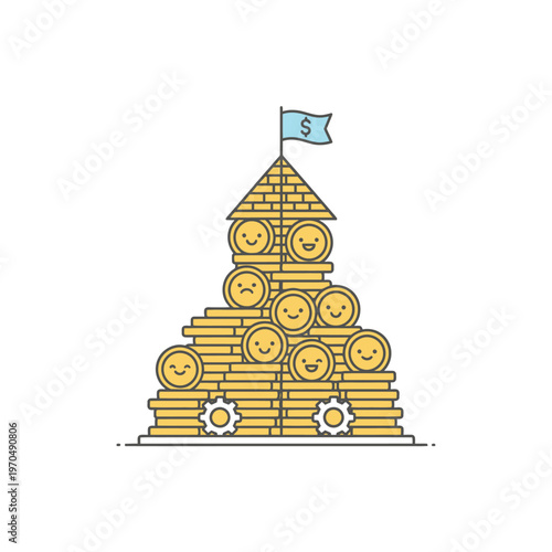 Tower of Smiling Coins with Dollar Flag Symbolizing Wealth.