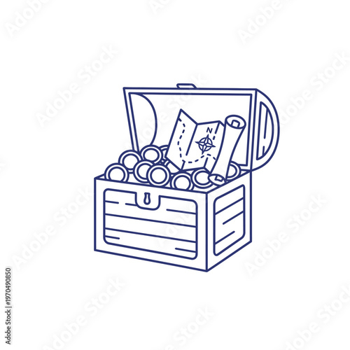 Treasure Chest Filled with Gold Coins and Map.