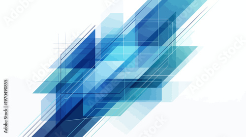 Abstract blue geometric triangles overlapping with translucent layered shapes.