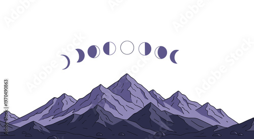 A majestic purple-toned mountain range sits beneath a graceful arched sequence of moon phases transitioning from crescent to full against a white background.
