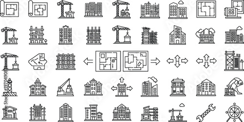 Construction buildings and architectural development line icon set featuring cranes structures blueprints urban housing and engineering symbols
