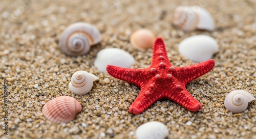Vibrant Red Starfish and Seashells on Sandy Beach