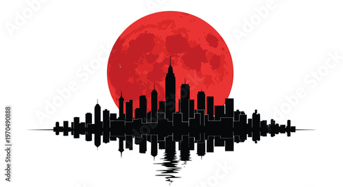 A perfectly symmetrical black city silhouette reflects onto the dark still water beneath a massive glowing red moon centered in the empty white sky above.