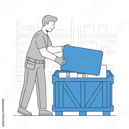 Warehouse worker carefully places item into blue crate.