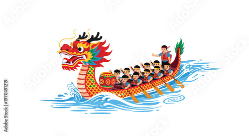 Enthusiastic cartoon rowers in a brightly colored red and yellow dragon boat splash through energetic blue water waves against a clean white backdrop.