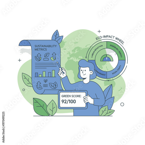 Woman analyzing sustainability metrics and eco impact wheel.