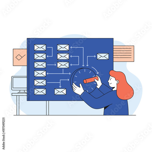Woman Analyzing Workflow Diagram with Clock.