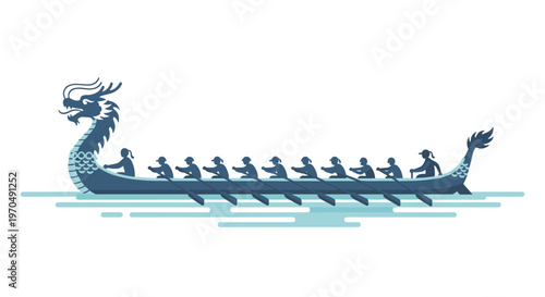 A traditional dragon boat with a fierce blue dragon head and tail carries a synchronized team of rowers across calm water with subtle blue ripples.